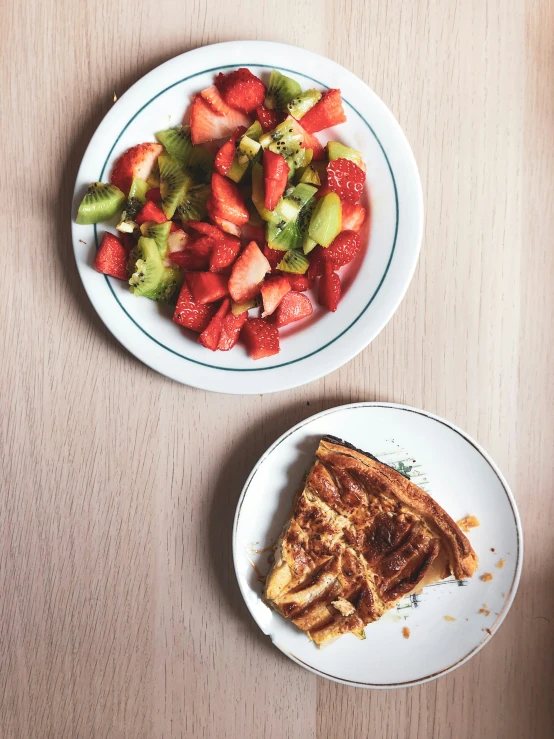 two plates of food sitting on top of a wooden table