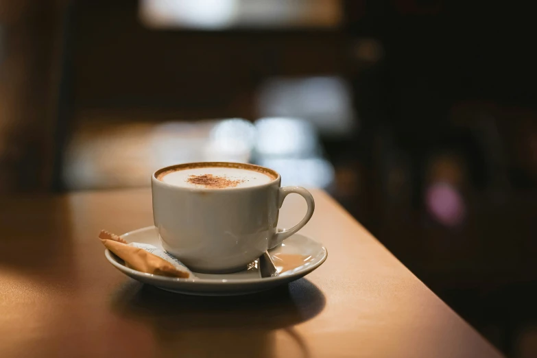 a cappuccino sitting on a plate on a table