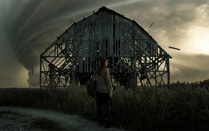 a woman standing in front of a barn under a large tornado
