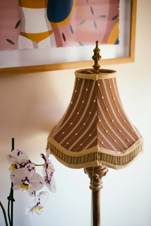 a pink lamp on a ss base in a room