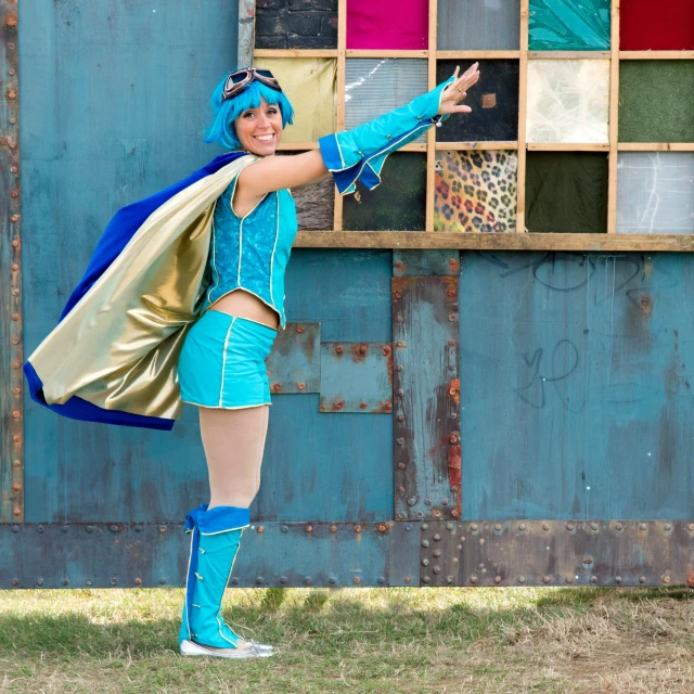 a woman in costume is doing a trick