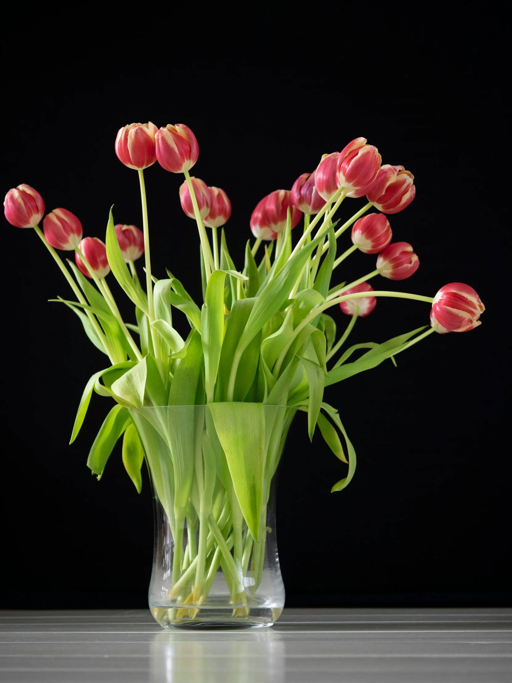 a vase filled with red tulips on top of a table