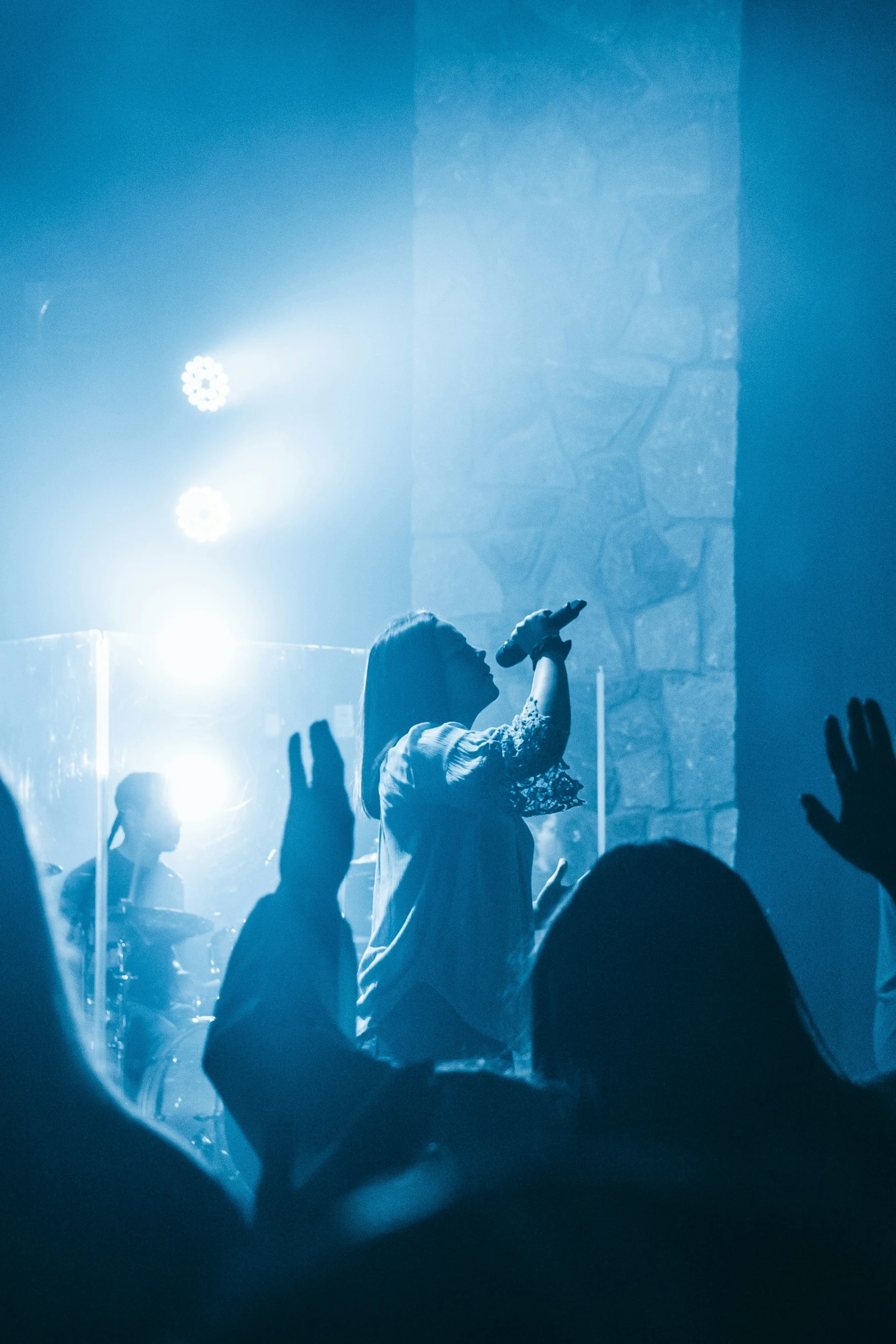 a concert with hands and microphone raised in front of the audience