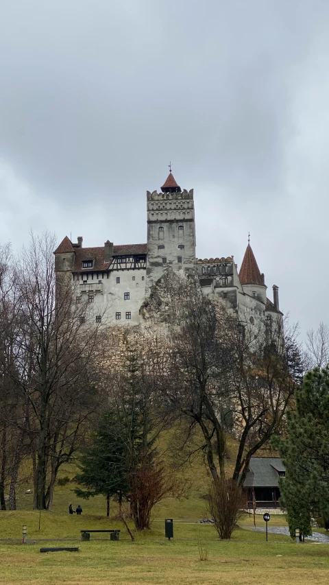 a castle sitting above a hill in a field