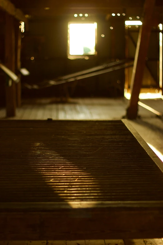 a stair railing inside of a building on the side of the street