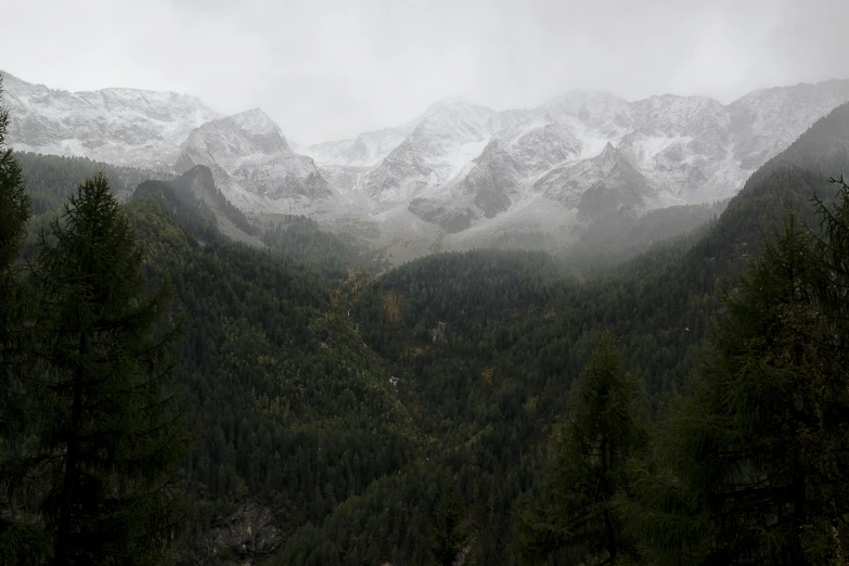 a very high rise and snowy mountains rise behind them