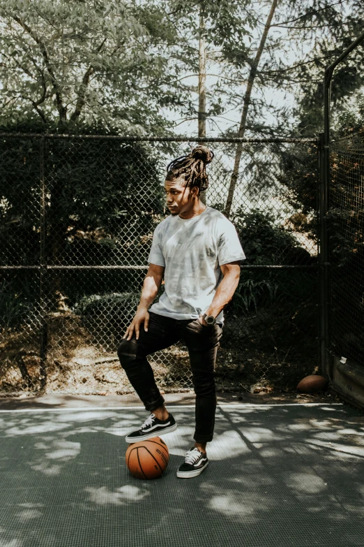 a man that is standing on top of a basketball