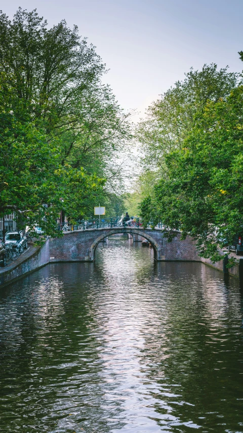 a canal with boats on it with trees lining both sides of it