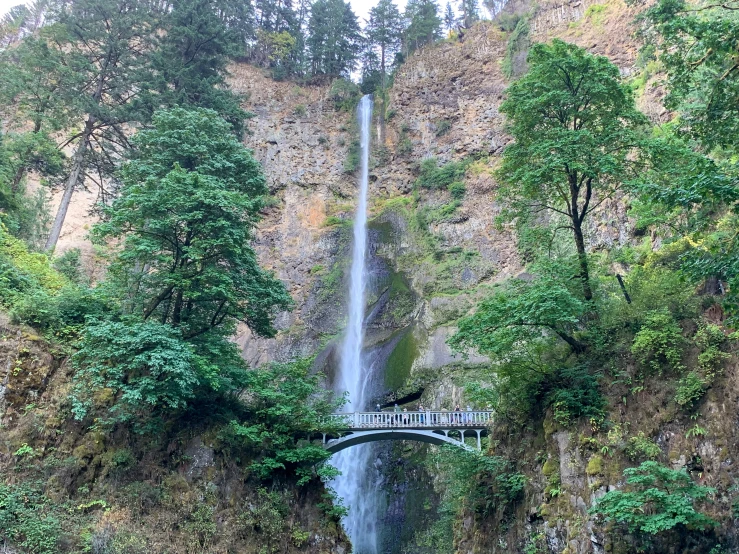 there is a small bridge in front of a waterfall