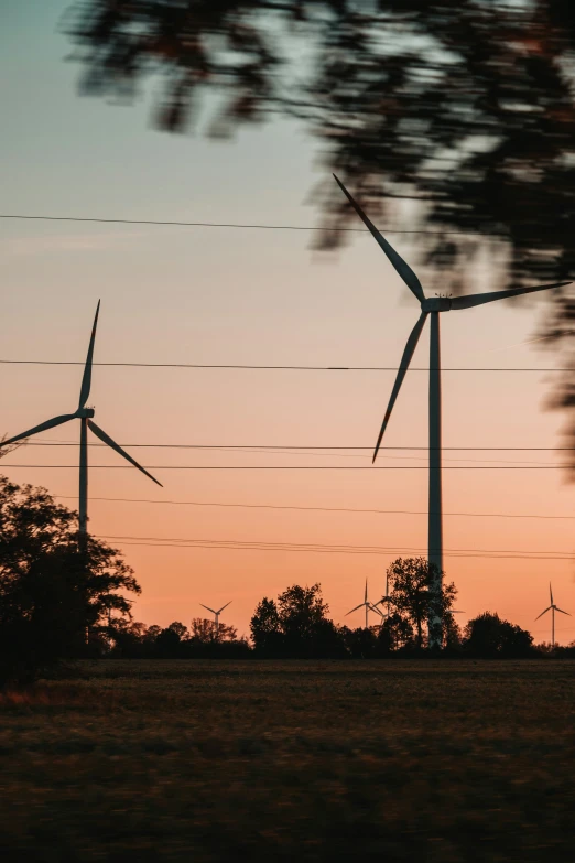 there are several wind mills at sunset near each other