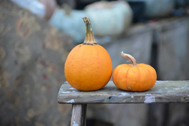 two small pumpkins are sitting on an old wooden chair