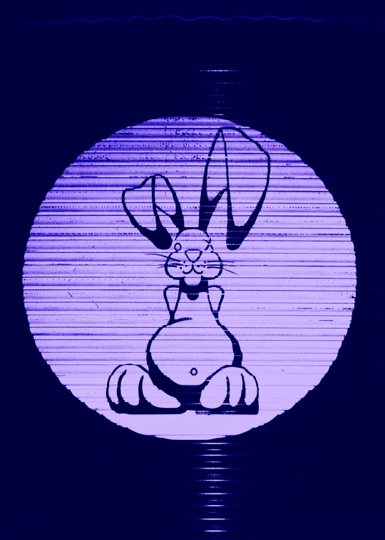 a rabbit with big ears sitting in front of a purple circle