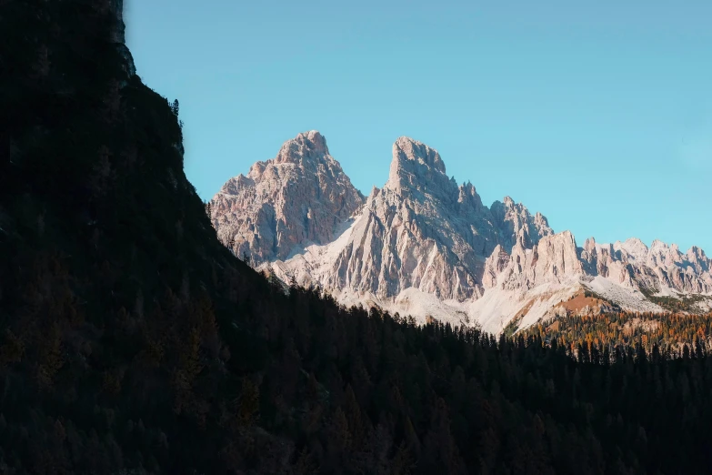 the mountains are next to some pine trees