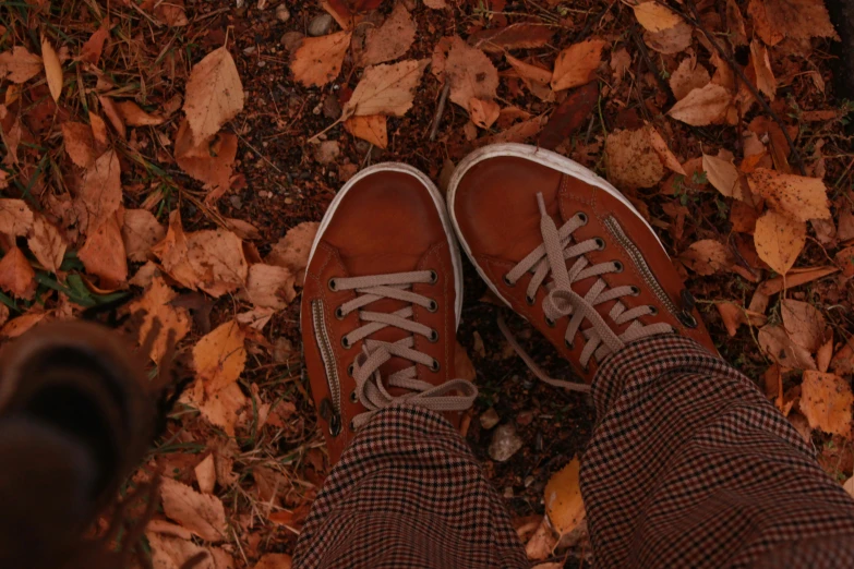 the bottom view of a person with plaid pants and brown shoes