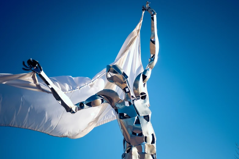 a woman holding a large white flag with her hands