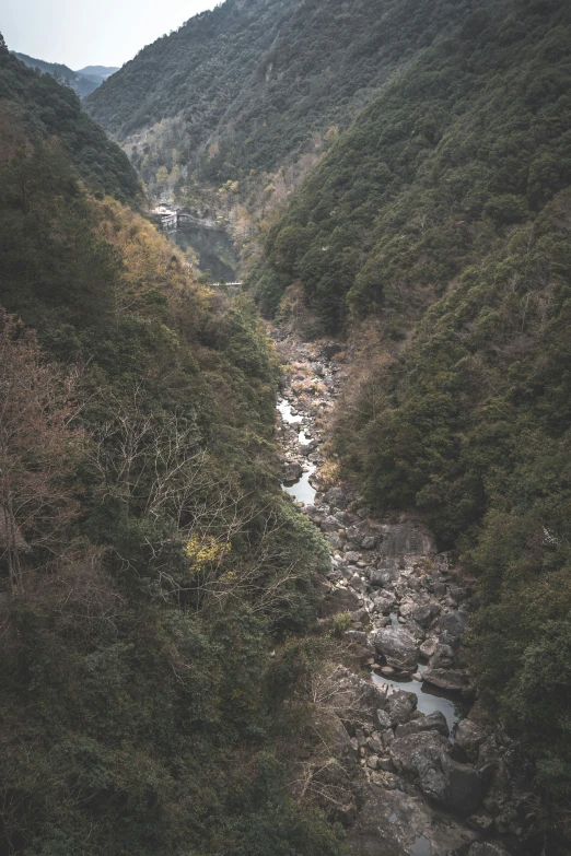 a view of a river in a canyon, with a house to the left and a mountain across the creek below