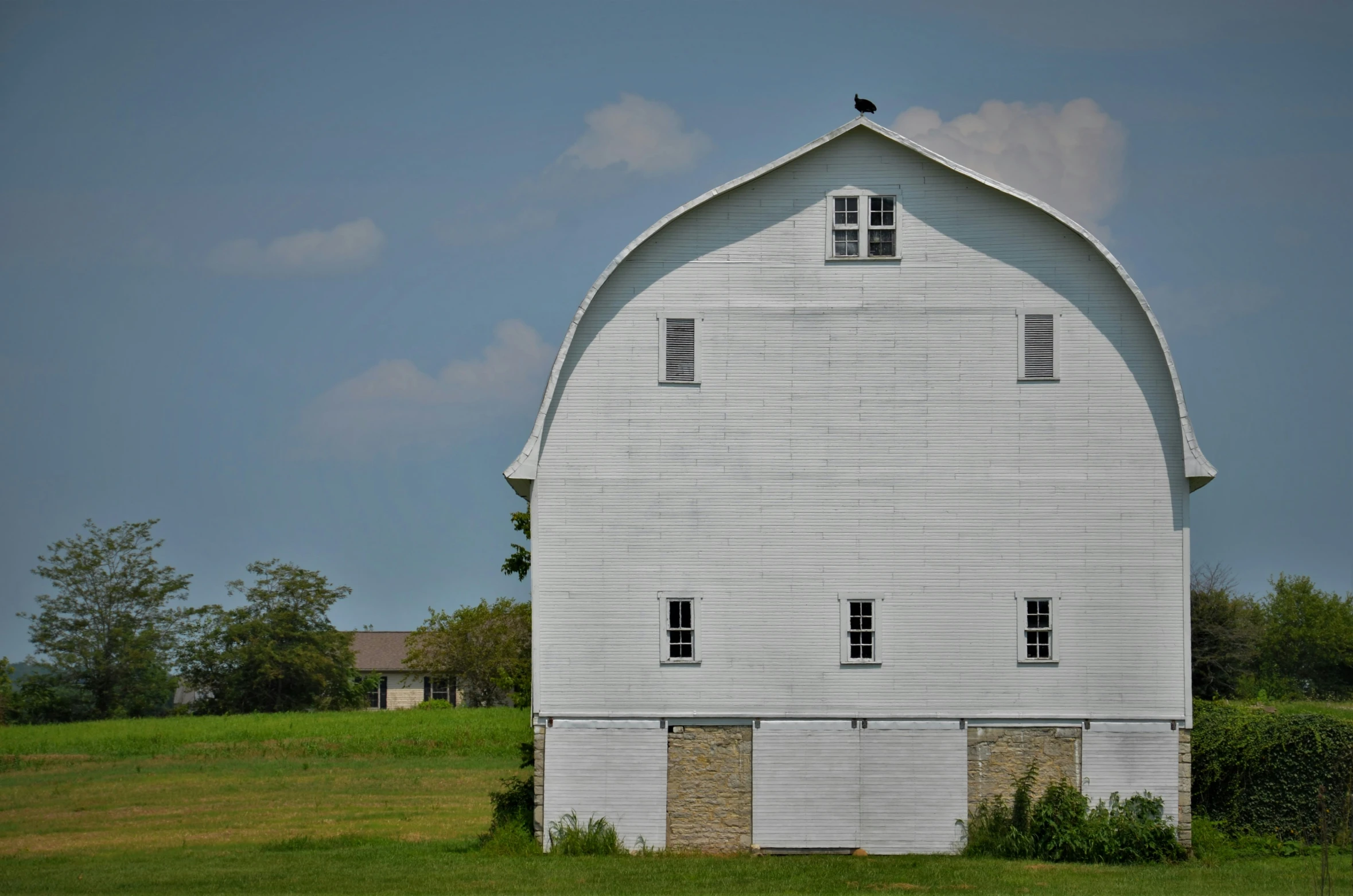 a white barn sits in a lush green field