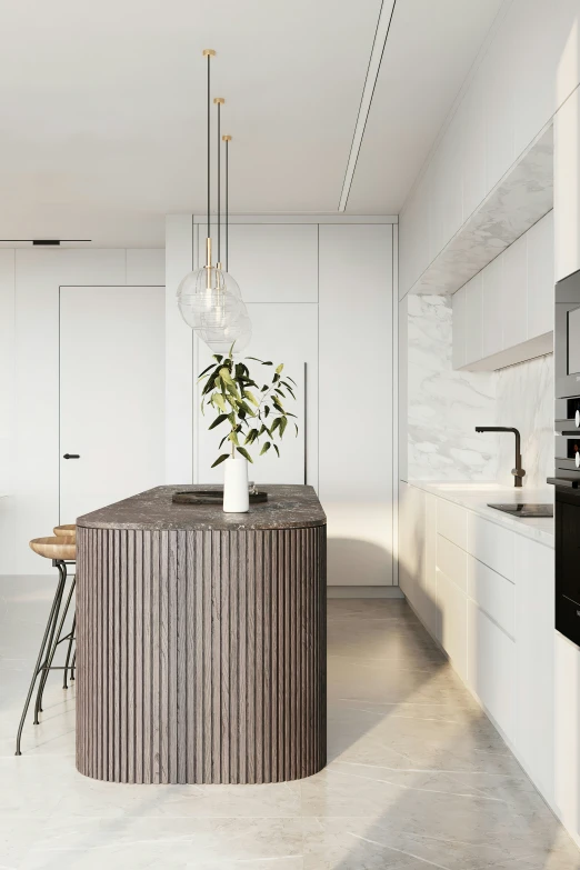 there is a large modern kitchen island in the middle of the room