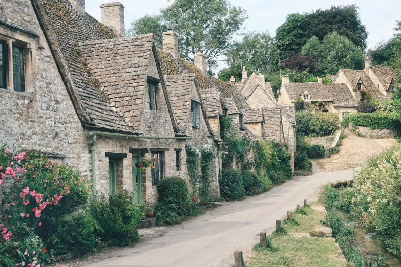 the old stone houses are lined with flowering bushes