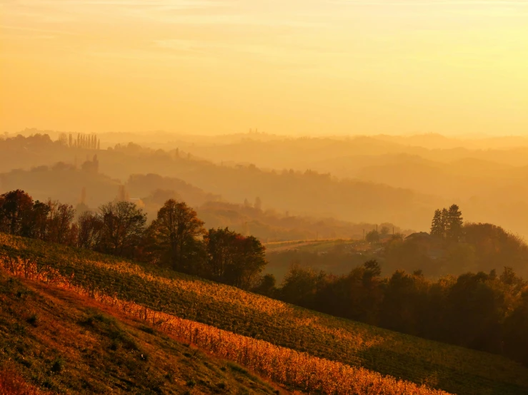 sun rises over a misty, hilly landscape