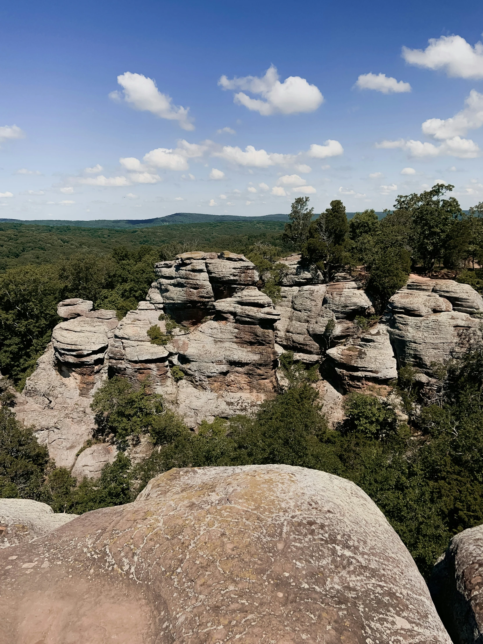 an outcropping of rocks and trees on a cloudy day