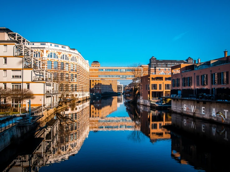 buildings lining the water with one side of the river running through them