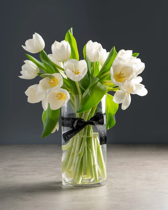 tulips are arranged in a square vase with green stems