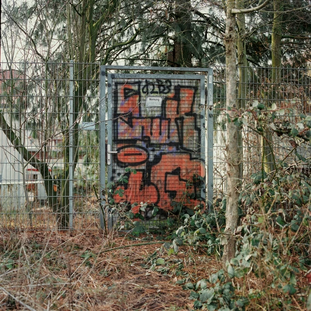 an old door is displayed in front of a rusted fence