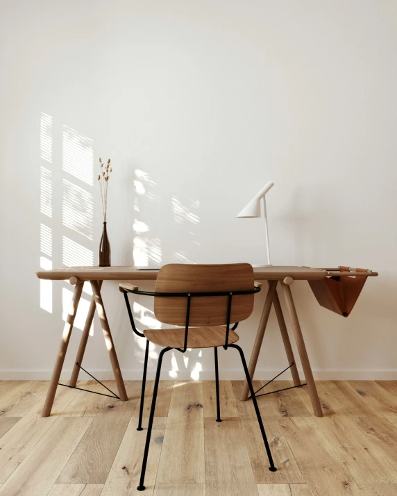 a small white room with a wooden table and two chairs