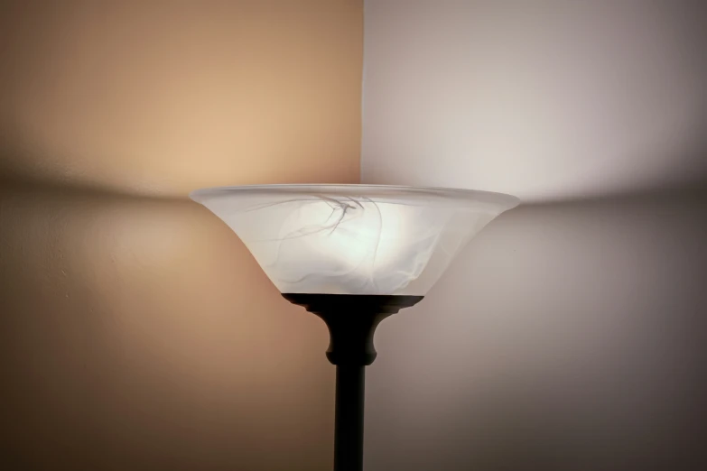 an elegant lamp stands in the middle of the room