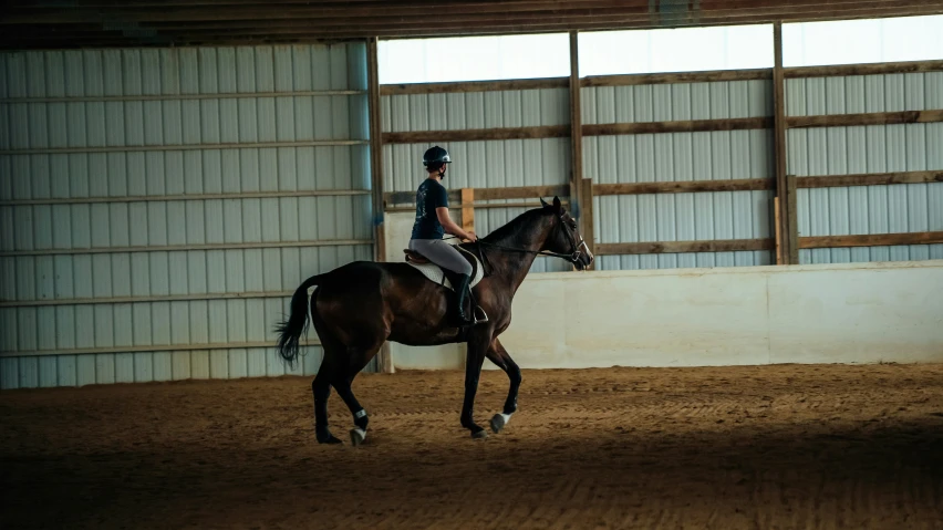 the girl rides a horse through the indoor arena