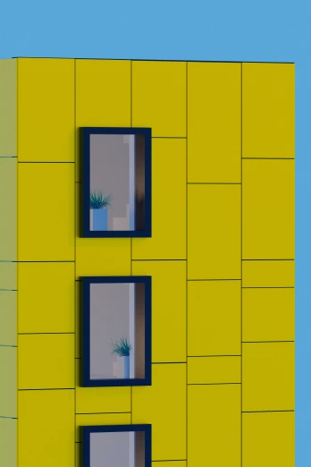 two windows with plant in them sit on a yellow wall