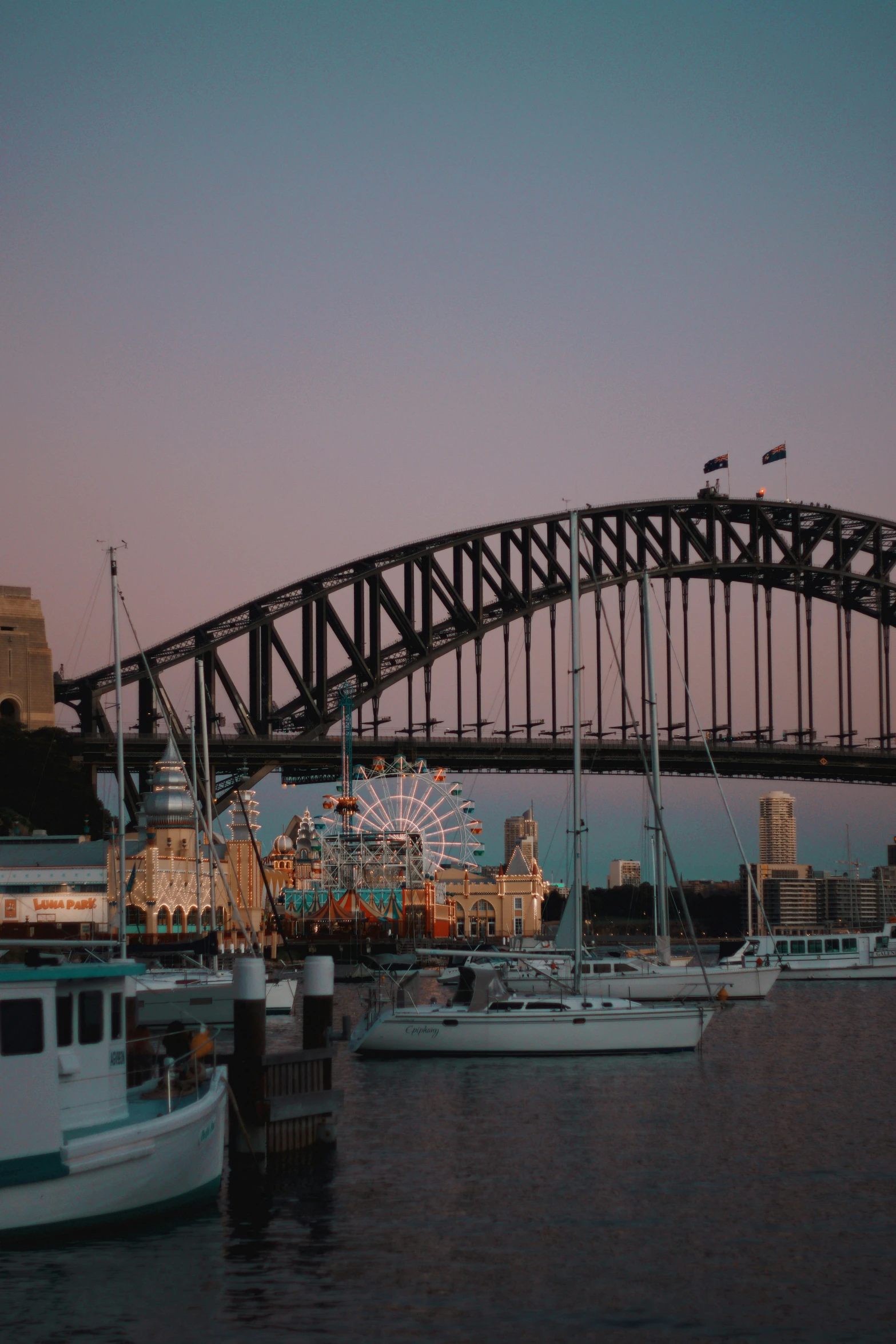 a ferris wheel is in the distance as ships are parked near a bridge