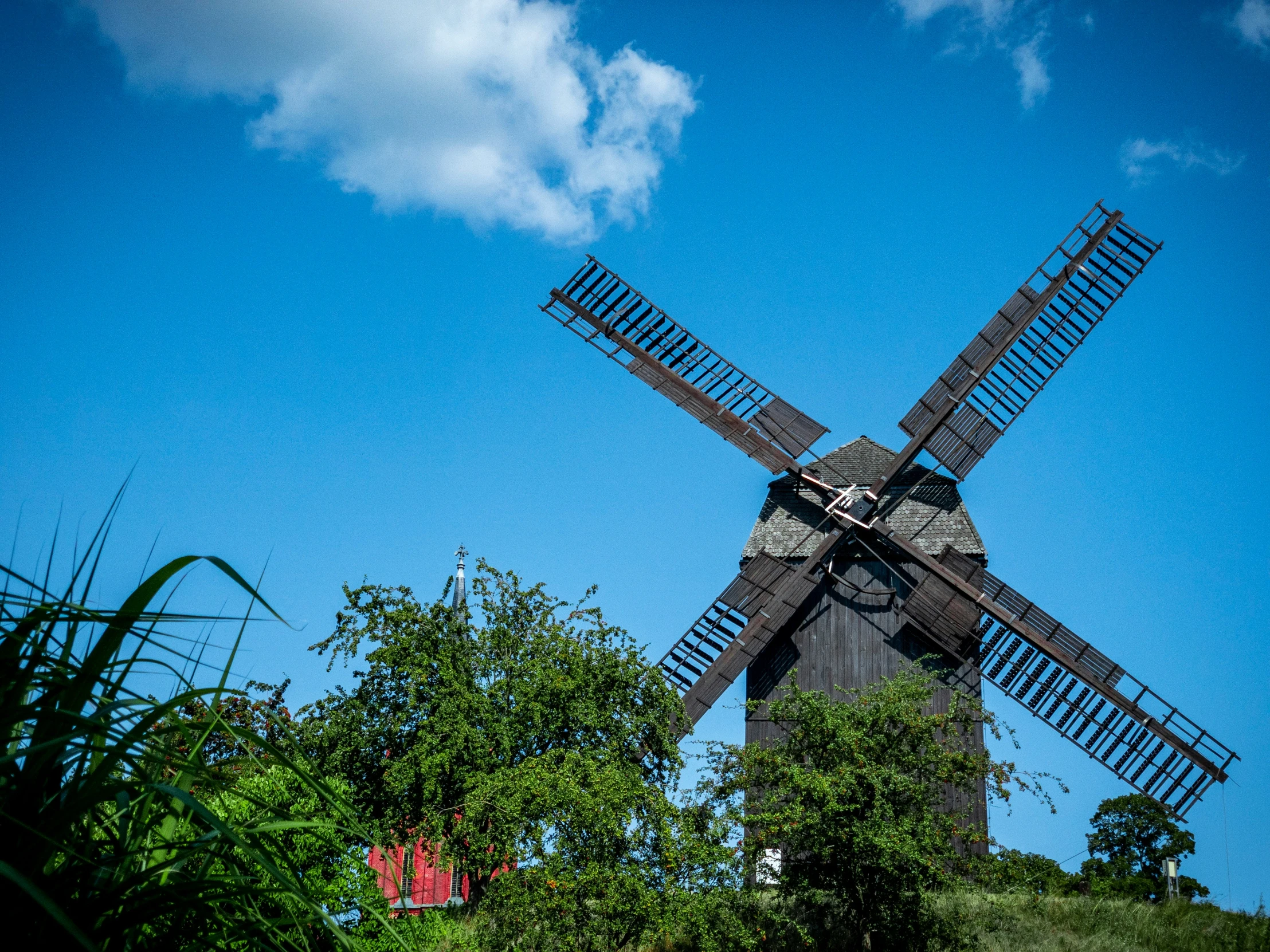 the windmill has its blades turned back as it stands in front of the trees