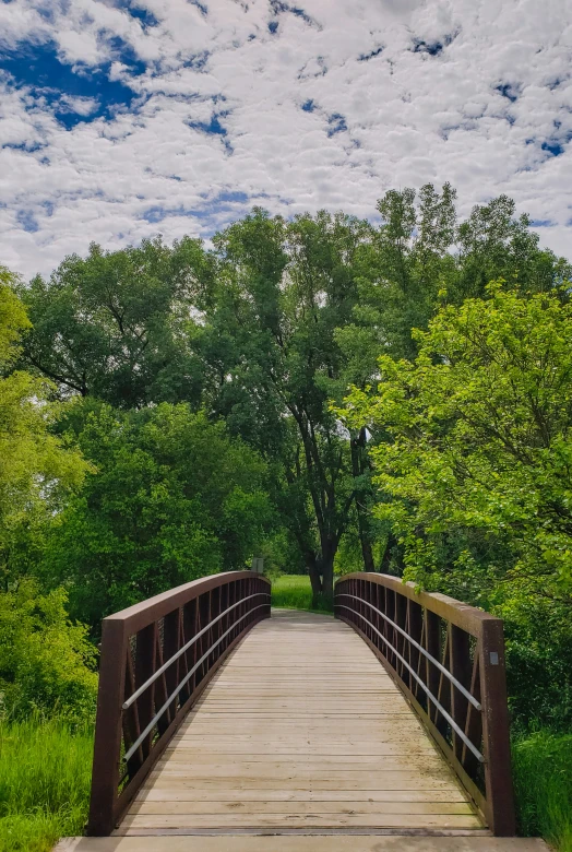 a wooden bridge with metal posts crossing a river