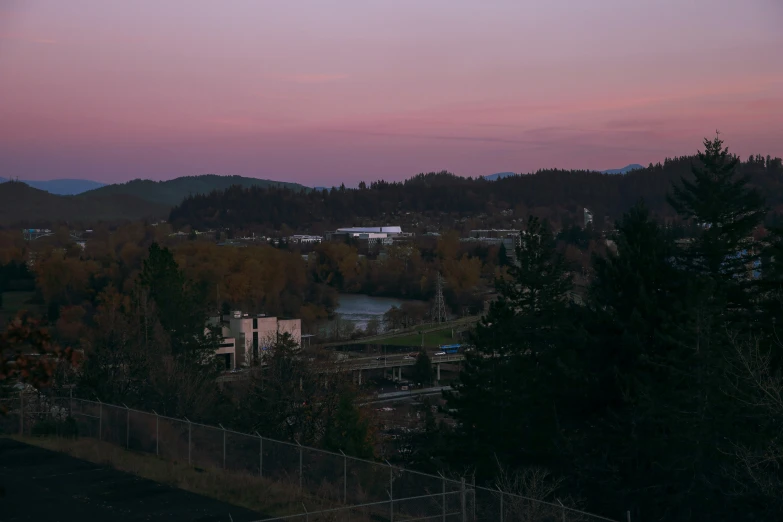 view from a hill looking at a town and its trees