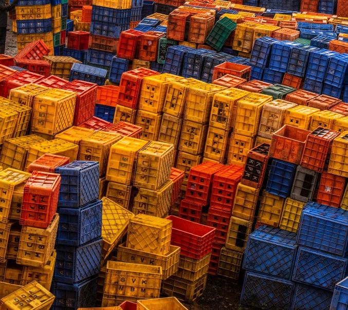 a large variety of colored boxes all stacked up