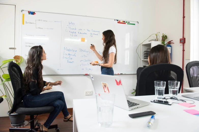 three people are looking at a white board on a wall