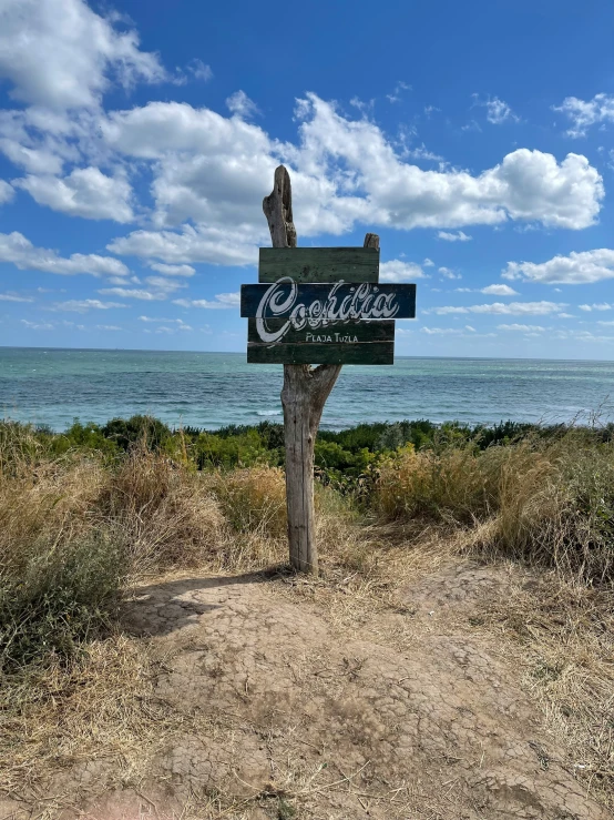 a wooden sign advertising a beach resort near the ocean