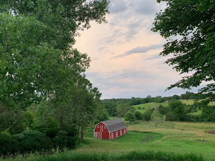 a red barn on a farm near a tree