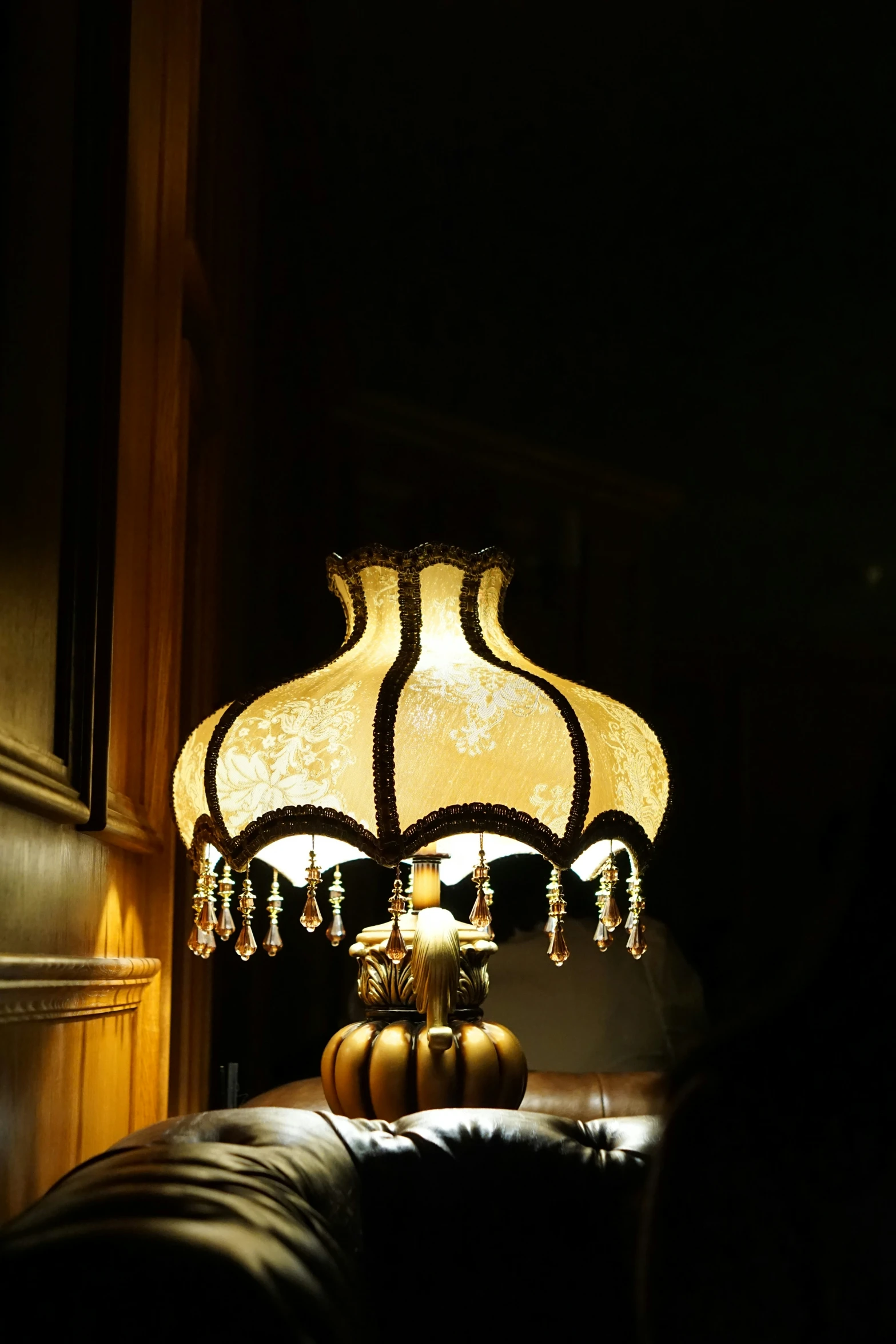 the lamp shade is lit up in the dark