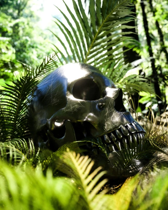 a silver skull sitting in the woods with trees and grass