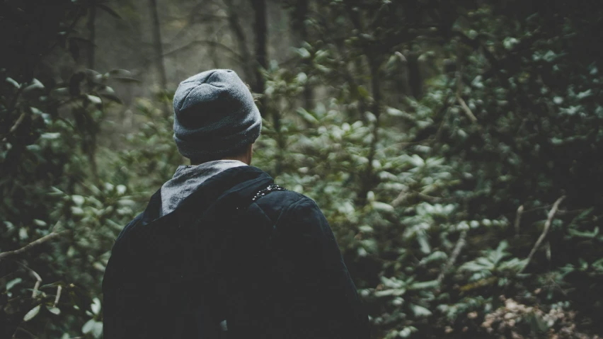 a person standing in the woods with a hoodie on