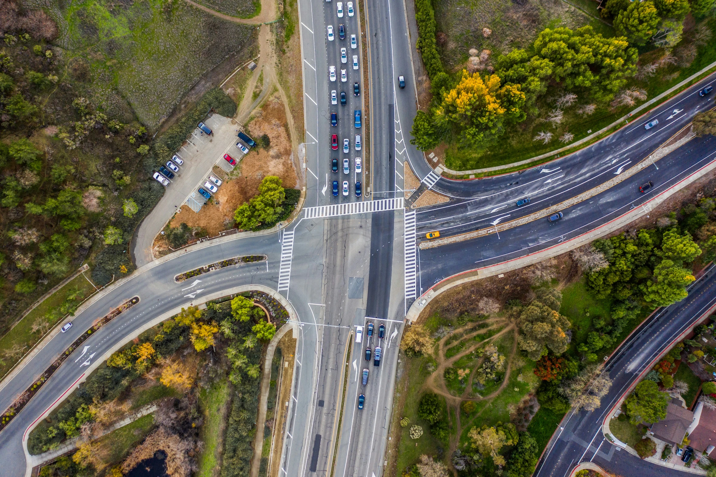 an aerial view shows the busy intersection of two roads