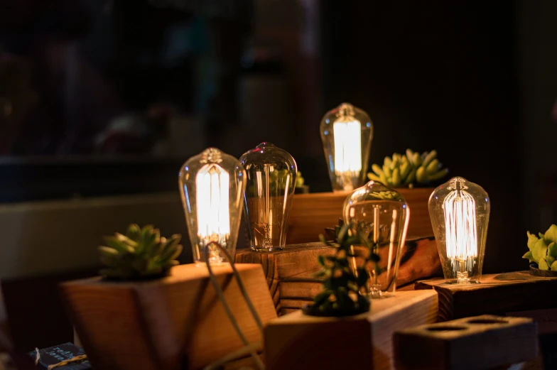 a number of lights near planters on a table