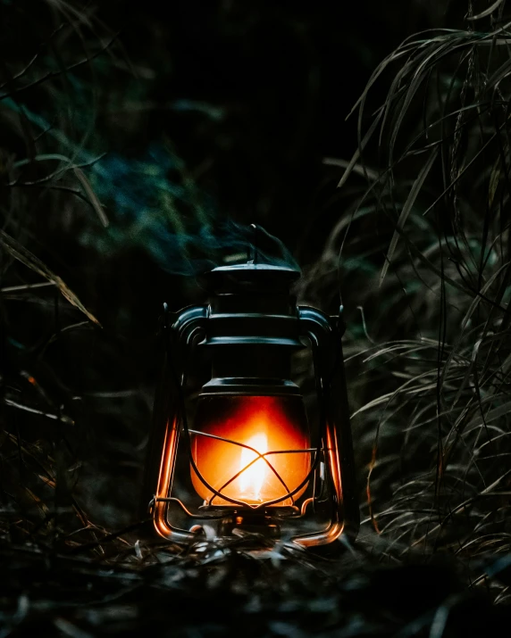 a lantern sitting in a field at night