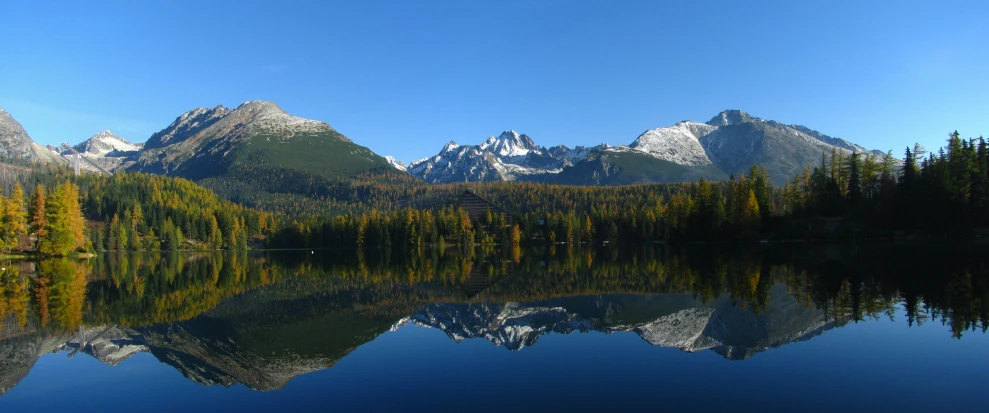 a beautiful reflection of snow capped mountain peaks from the still water