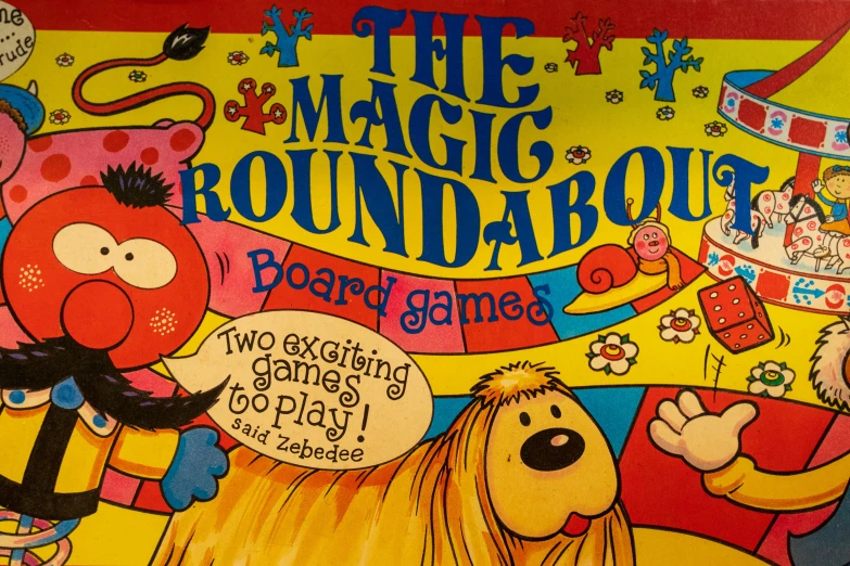 the magic roundabout board game with an animal and clown in front