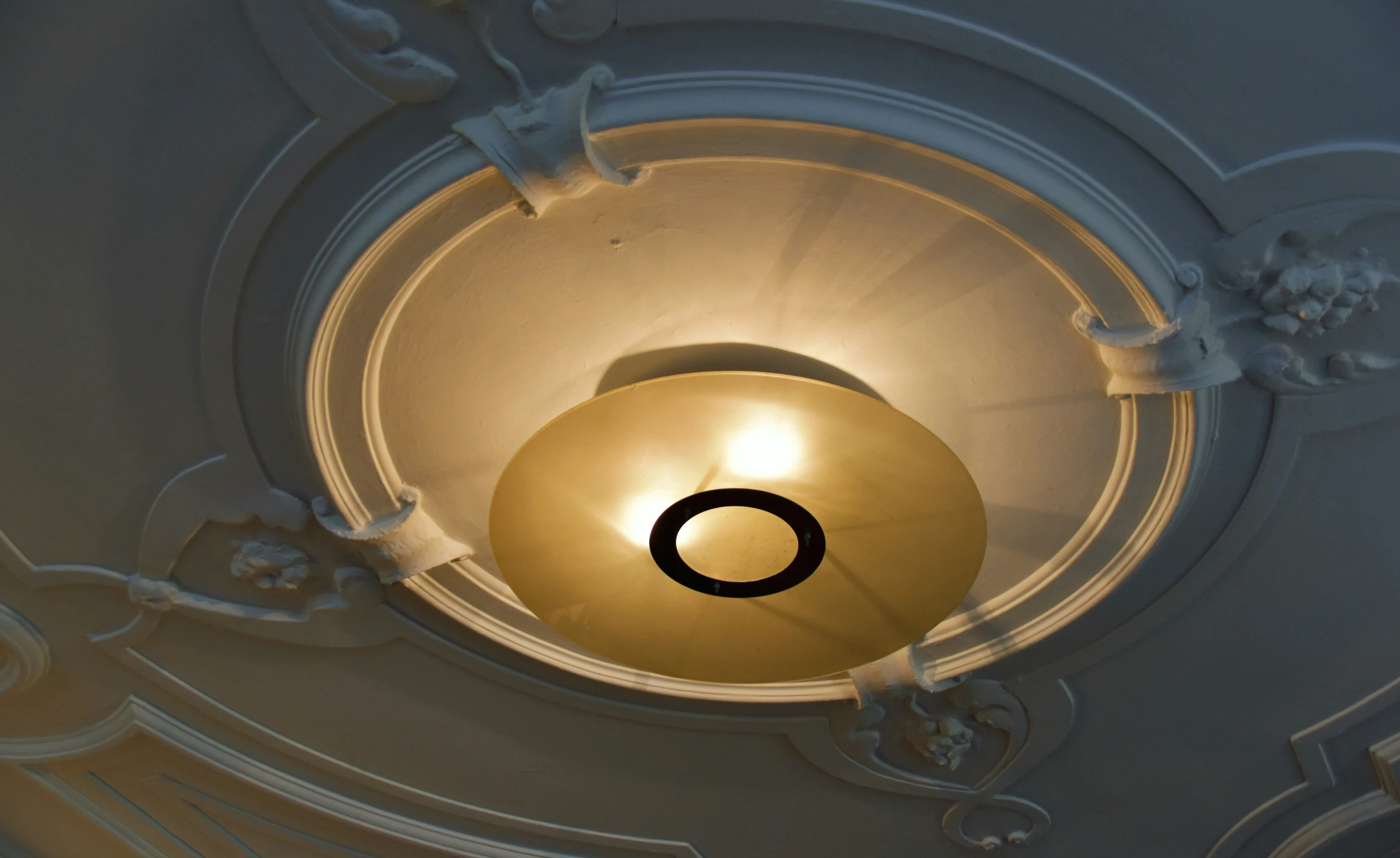 the circular light fixture in a decorative ceiling