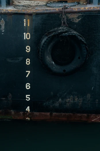 close up view of numbers and dials on the side of a ship